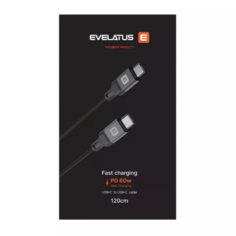 Evelatus Cable USB-C a USB-C en espiral 1,2 m 60 W PD trenzado Negro