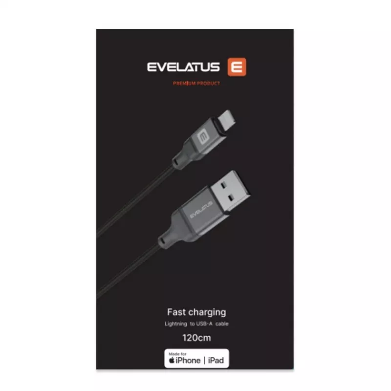 Evelatus Cable USB-A a Lightning 1,2m (MFi11CL) Carcasa de aluminio Trenzado Negro