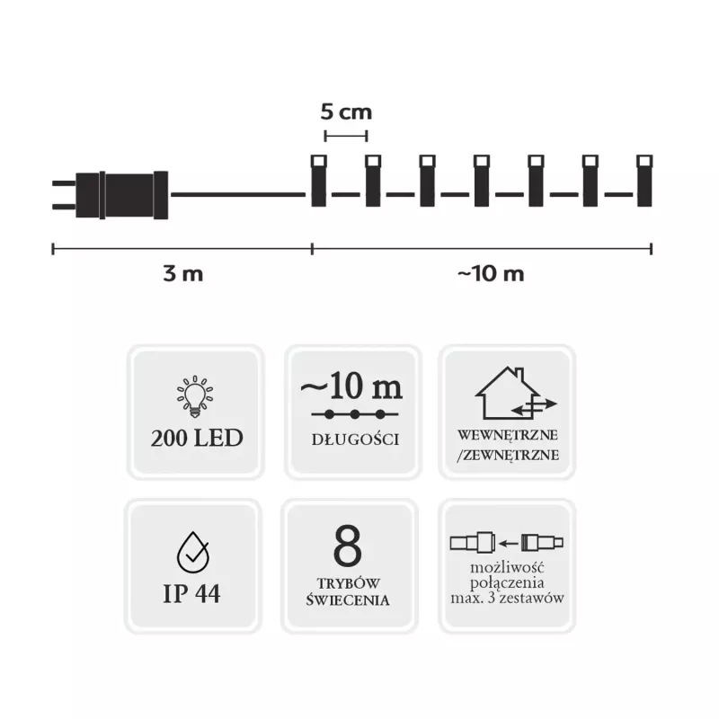 Guirnalda LED Extralink 200 LEDs blanco frío 10m + 3m IP44 interior/exterior