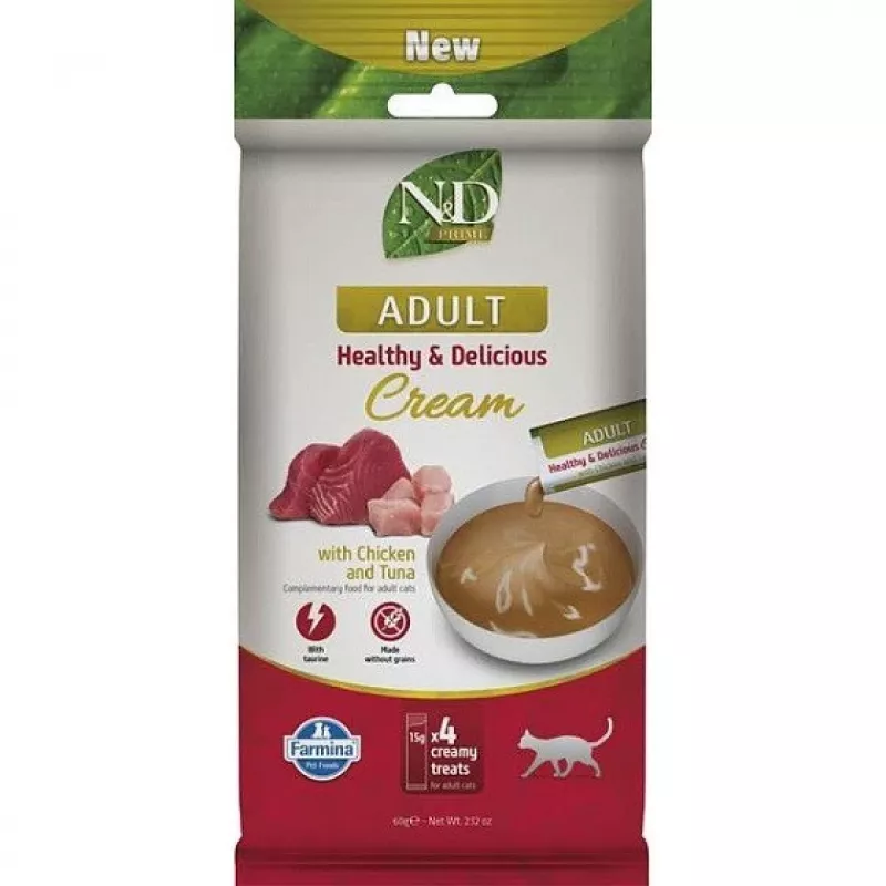 FARMINA N&D Prime Cat Cream with Chicken & Tuna Adult Box – snack para gatos – 4x15g