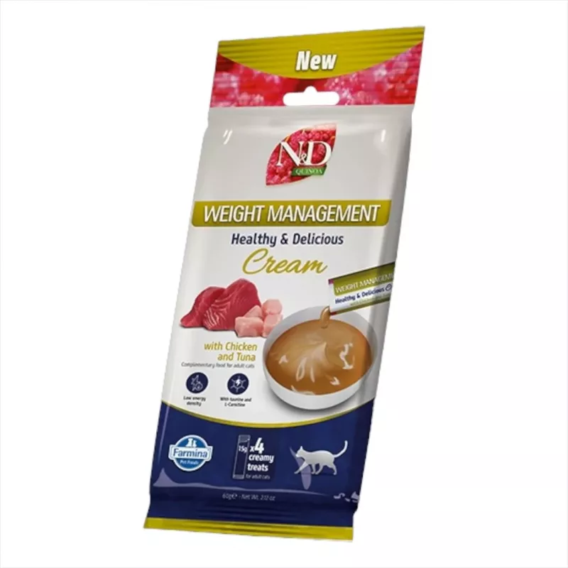 FARMINA N&D Quinoa Cat Weight Management Cream with Chicken & Tuna Caja – Snack para gatos – 4x15g