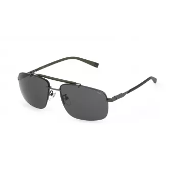 FILA SFI210-610627 Gafas de sol hombre rectangulares, montura de acetato negro brillante, lentes de policarbonato gris humo, 61/15/145 mm