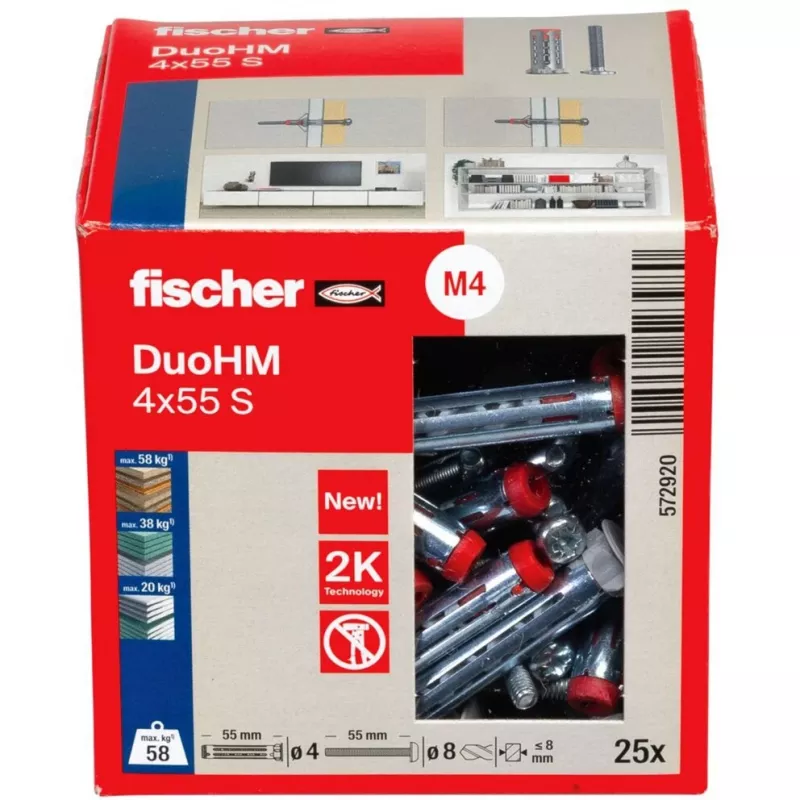 fischer DuoHM 4x55 S PH PZ taco para huecos 55 mm, 25 uds. 572920