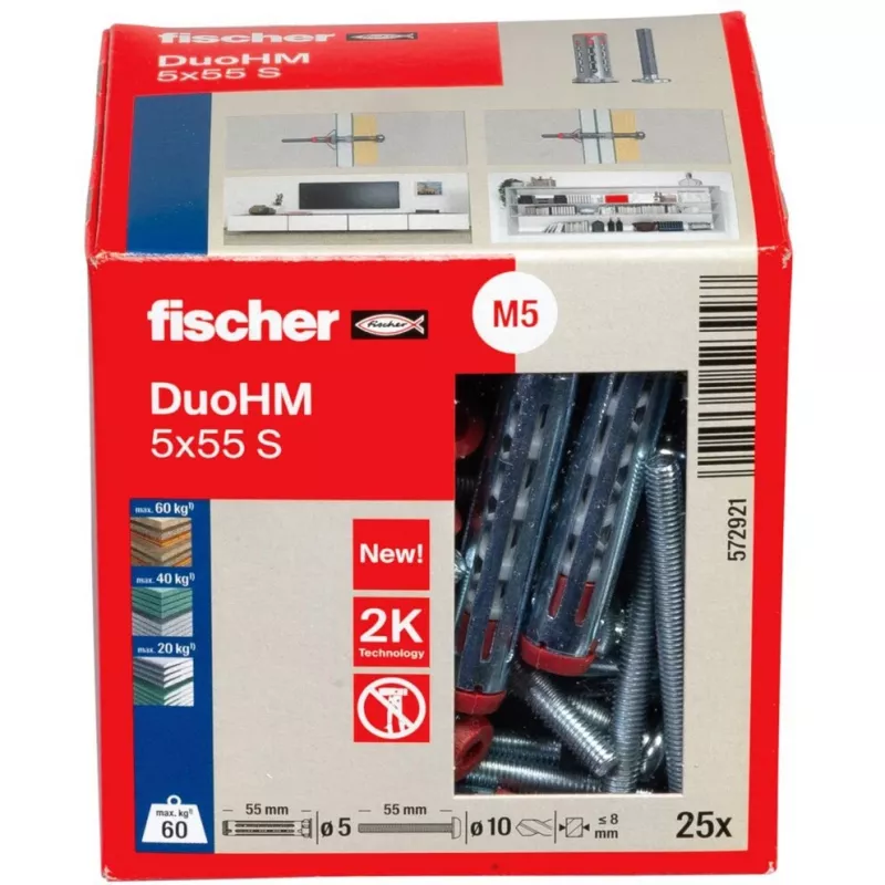 fischer DuoHM 5x55 S PH PZ Taco para huecos 55 mm, 25 unidades 572921