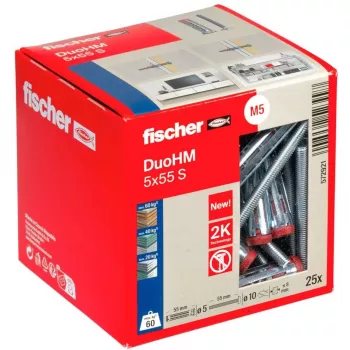 fischer DuoHM 5x55 S PH PZ Taco para huecos 55 mm, 25 unidades 572921