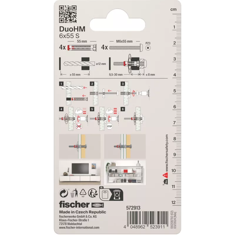 Fischer DuoHM 6x55 S taco de pared con tornillos, 4 uds. 572913