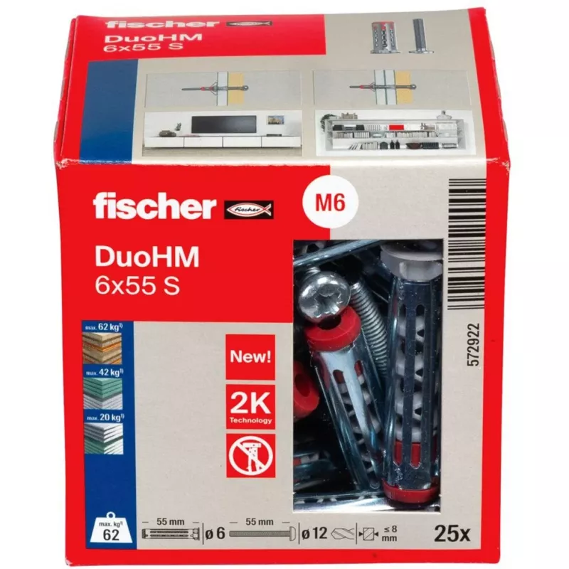 fischer DuoHM 6x55 S PH PZ Taco para huecos 55 mm, 25 uds. 572922