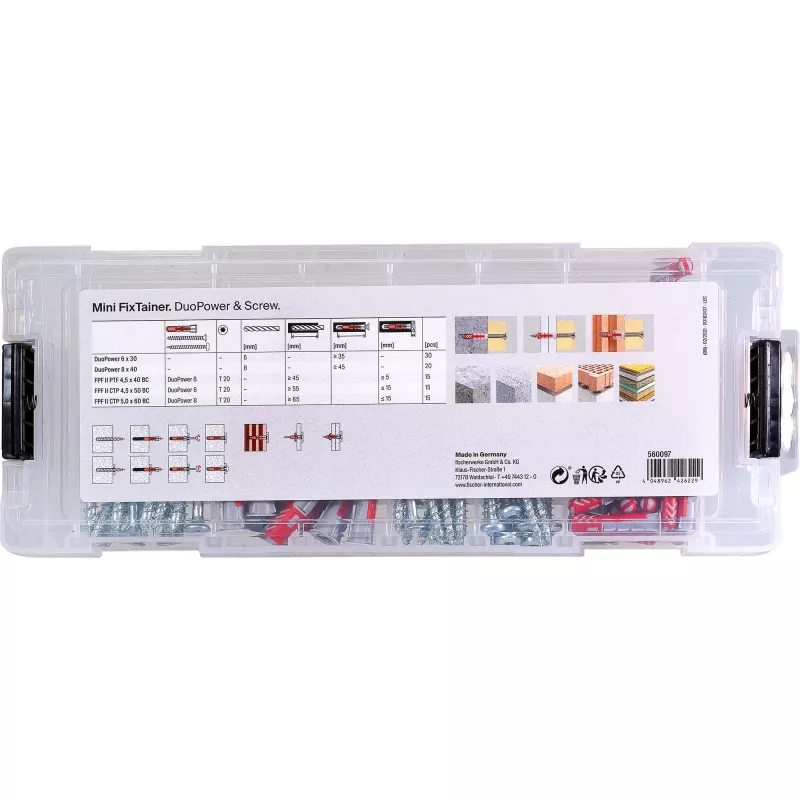 fischer Mini FixTainer - surtido de tacos y tornillos DuoPower Ø 4,5/5/6/8 mm 30/40/50/60 (560097)