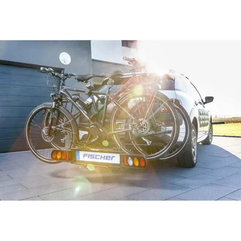Fischer ProlineEvo 2 portabicicletas trasero para 2 bicicletas, 60 kg, plegable, iluminación LED