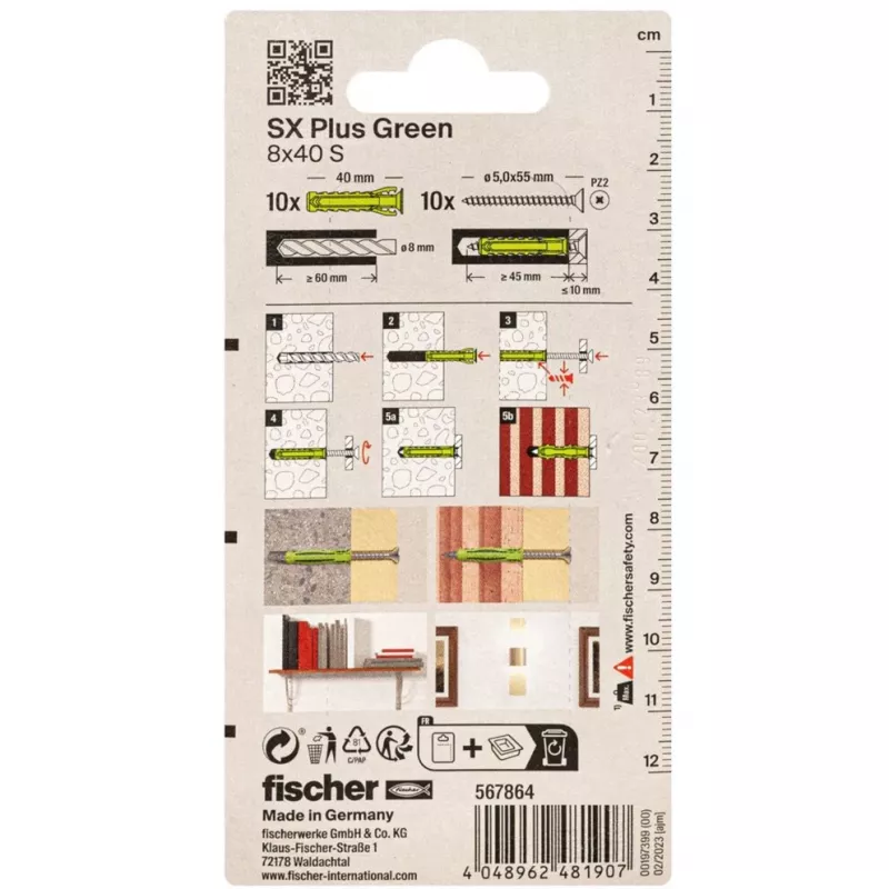 Taco de expansión Fischer SX Plus Green 8x40 S K con tornillo, 10 uds. (567864)