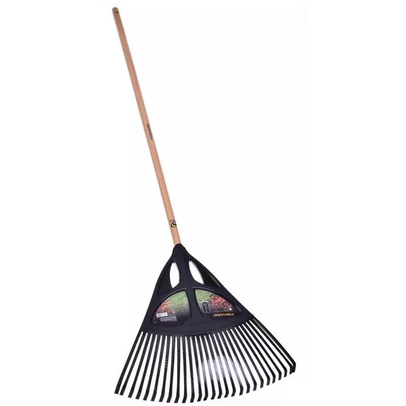 Fiskars Solid rastrillo para hojas, cabezal de polipropileno de 52 cm, mango de aluminio de 175 cm, 25 dientes flexibles, negro/naranja