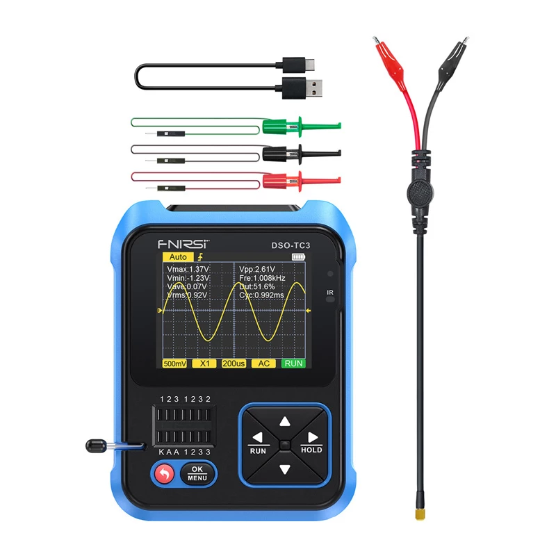 FNIRSI DSO-TC3 Osciloscopio digital portátil, comprobador de transistores y generador de señales 3 en 1