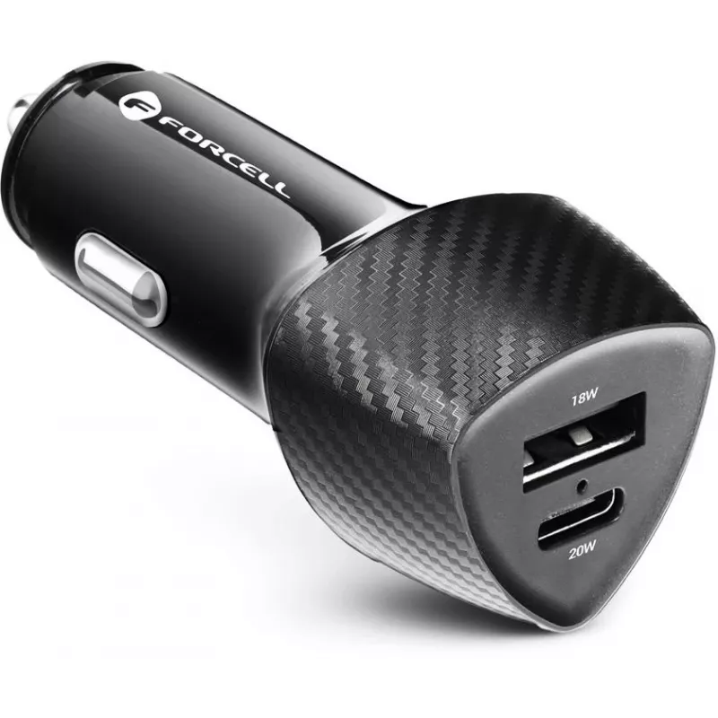 Forcell Carbon CC50-1A1C Cargador de coche 38W USB-C PD 3.0 + USB-A QC 3.0 Negro