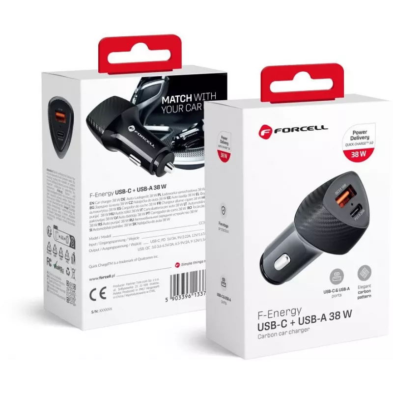 Forcell Carbon CC50-1A1C Cargador de coche 38W USB-C PD 3.0 + USB-A QC 3.0 Negro