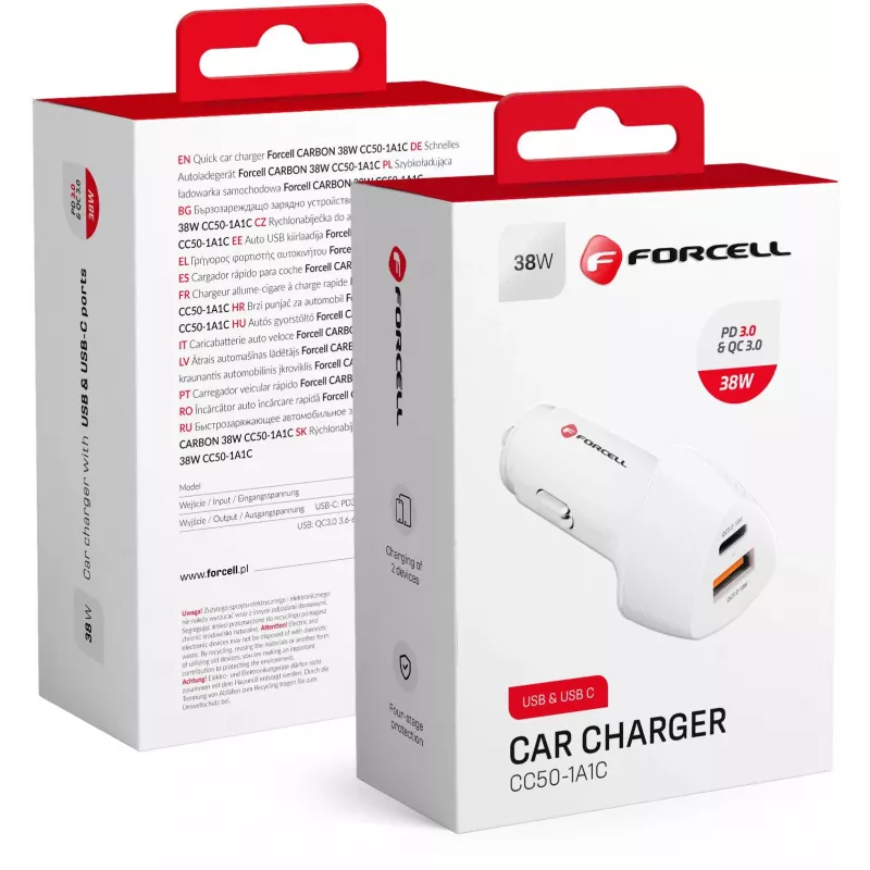Forcell Carbon CC50-1A1C 38W USB-C PD + USB-A QC 3.0 Cargador de coche - Blanco