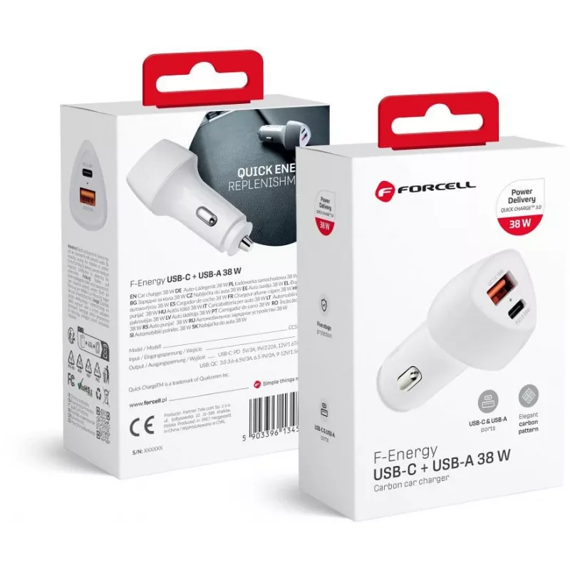 Forcell Carbon CC50-1A1C 38W USB-C PD + USB-A QC 3.0 Cargador de coche - Blanco