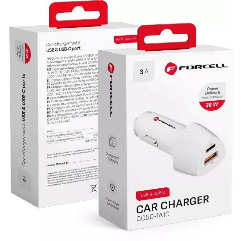 Forcell Carbon CC50-1A1C 38W USB-C PD + USB-A QC 3.0 Cargador de coche - Blanco