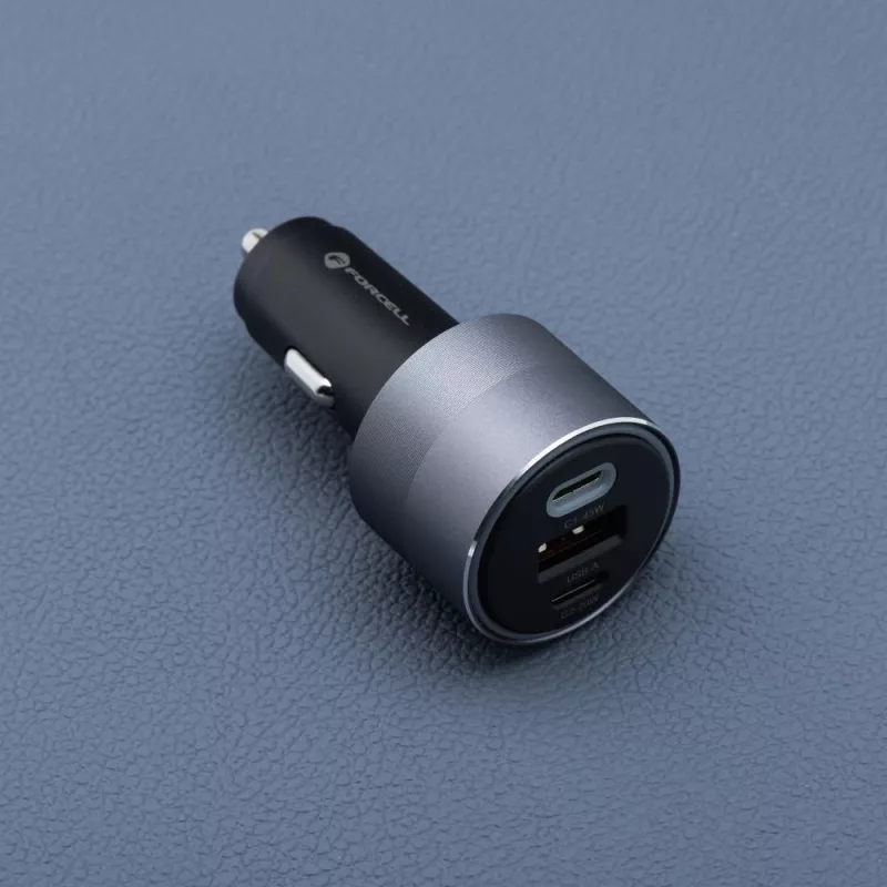Forcell F-Energy 65 cargador de coche 65W, 2x USB-C (PD 3.0) y 1x USB-A (QC 4.0), gris