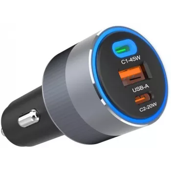Forcell F-Energy 65 cargador de coche 65W, 2x USB-C (PD 3.0) y 1x USB-A (QC 4.0), gris