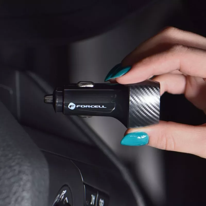 Forcell F-Energy Carbon cargador de coche USB-C QC3.0 PD 20W con cable USB-C a Lightning CC50-1C negro