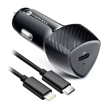 Forcell F-Energy Carbon cargador de coche USB-C QC3.0 PD 20W con cable USB-C a Lightning CC50-1C negro