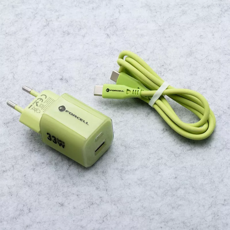 Forcell F-Energy GaN III VT-41 cargador de pared GaN 33 W, 1x USB-C PD 3.0/PPS y 1x USB-A QC 4.0, verde