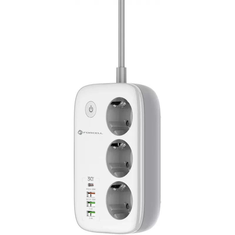 Forcell F-Energy VT-PS03 Regleta inteligente, 3x tomas Schuko, USB-C PD 30W, 3x USB-A QC 3.0, Wi-Fi, control por app Tuya, 2500W/10A