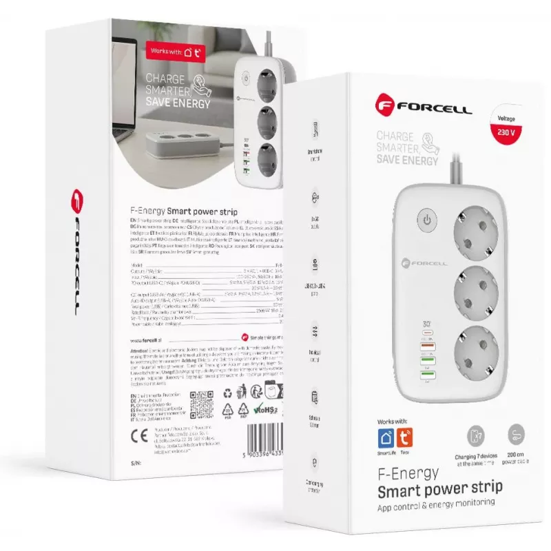 Forcell F-Energy VT-PS03 Regleta inteligente, 3x tomas Schuko, USB-C PD 30W, 3x USB-A QC 3.0, Wi-Fi, control por app Tuya, 2500W/10A