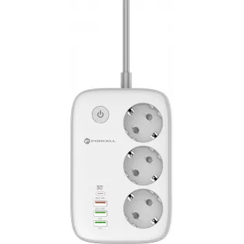 Forcell F-Energy VT-PS03 Regleta inteligente, 3x tomas Schuko, USB-C PD 30W, 3x USB-A QC 3.0, Wi-Fi, control por app Tuya, 2500W/10A