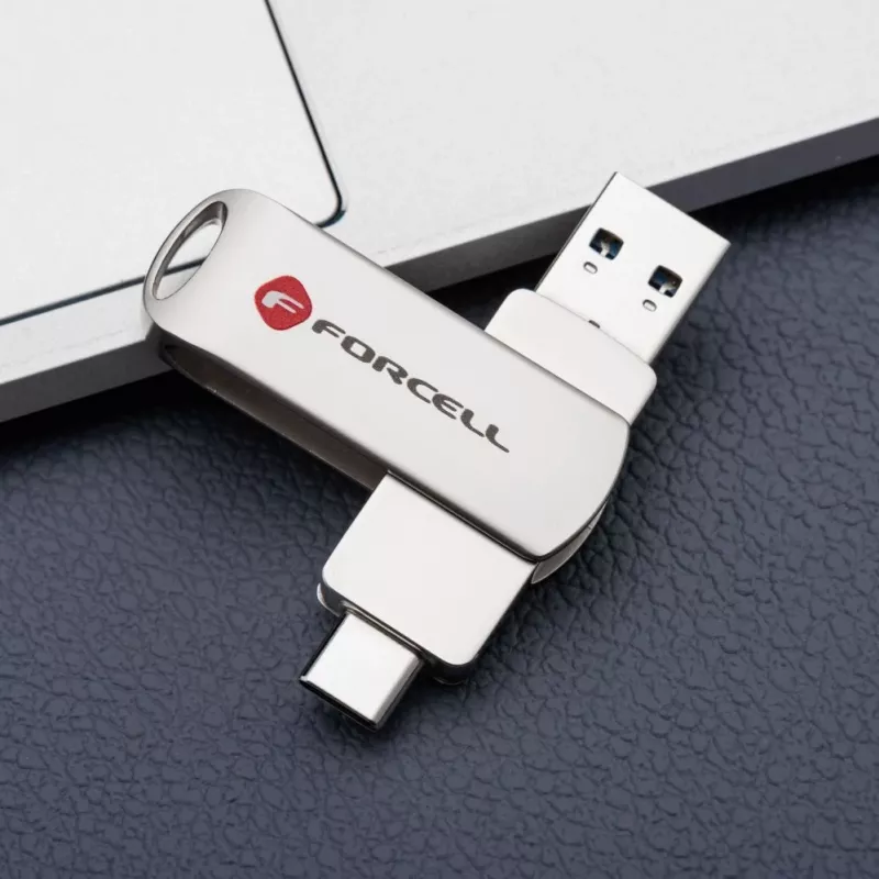 Forcell Pendrive 64GB USB 3.2 Gen 1 (USB-A / USB-C) F-Data Metal Duo plata