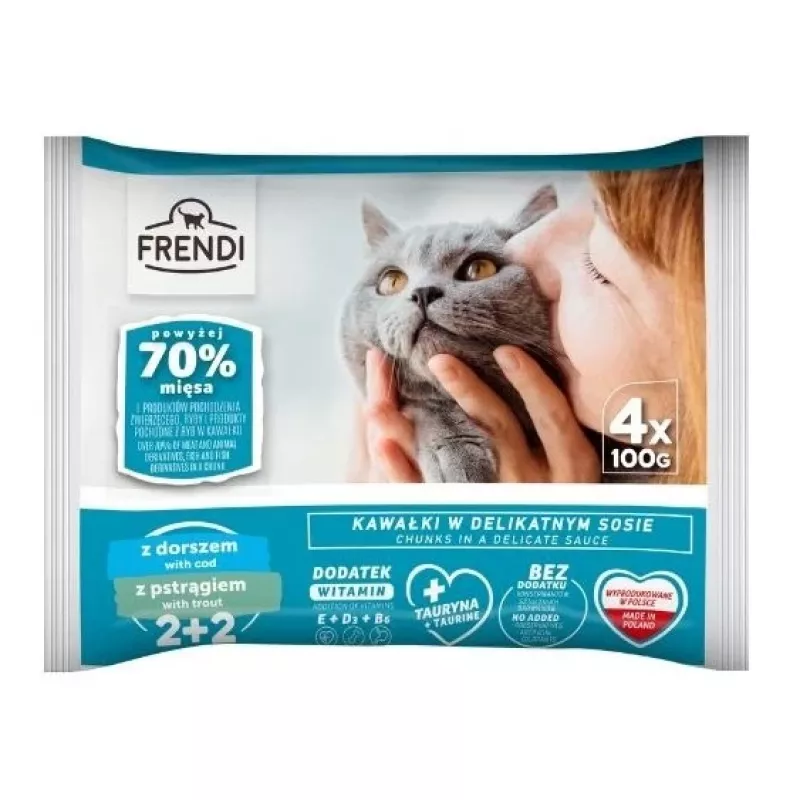 FRENDI Bacalao y Trucha en Salsa Comida húmeda para gatos, 4 x 100g bolsas