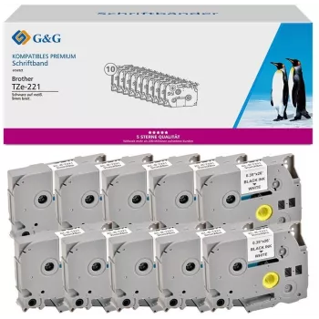 Cinta de etiquetas G&G 20101 compatible con Brother TZe-221, 9 mm x 8 m, negro sobre blanco, laminada, pack de 10
