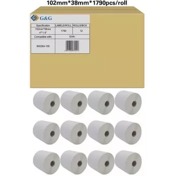 G&G Rollos de etiquetas compatibles con Zebra 800264-155, blanco, 102 x 38 mm, 12 x 1790 etiquetas (19802)