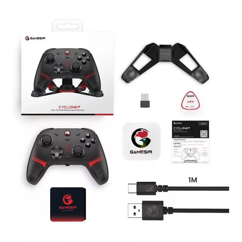 Mando de juegos inalámbrico GameSir Cyclone 2 Tri-Mode con sticks y gatillos de efecto Hall, iluminación RGB, botones traseros programables, giroscopio de 6 ejes, batería de 20h - Negro