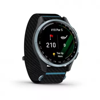 Garmin Approach J1 Bisel de aluminio azul nube con correa de tejido ComfortFit negra/azul