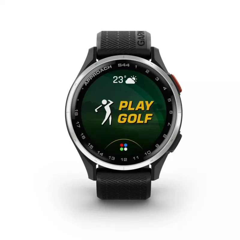 Garmin Approach S44 bisel de aluminio plateado con correa de silicona negra