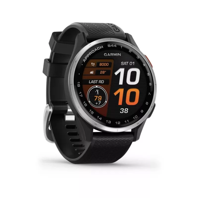 Garmin Approach S44 bisel de aluminio plateado con correa de silicona negra