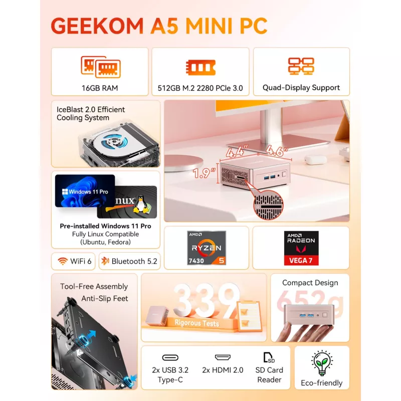 GEEKOM A5 Mini PC, AMD Ryzen 5 7430U, 16GB DDR4, 512GB SSD, Windows 11 Pro, champán