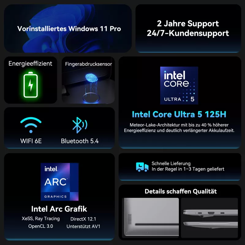GEEKOM GEEKBOOK X16 PRO (plateado, Intel Core Ultra 5 125H, Intel Arc Graphics, 32 GB LPDDR5, 1 TB SSD, Windows 11 Pro)