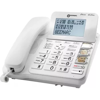 Geemarc CL595 Teléfono fijo para personas mayores con contestador automático, manos libres, indicador visual de llamada, compatible con audífonos, colgante de emergencia, blanco
