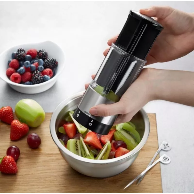 GEFU FLEXICUT Cortador de frutas y verduras, mandolina manual, regulable 1-5 mm, acero de cuchillas japonés, negro/plata