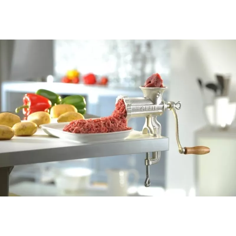 GEFU picadora de carne TRICA 5 manual con abrazadera de mesa talla 5 con embutidor y accesorios para galletas, hierro fundido estañado, plata
