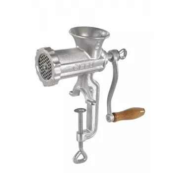 GEFU picadora de carne TRICA 5 manual con abrazadera de mesa talla 5 con embutidor y accesorios para galletas, hierro fundido estañado, plata
