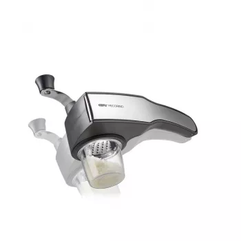 GEFU PECORINO Rallador manual y espiralizador, 3 tambores de rallado, 2 accesorios para espiralizar, negro/plateado, base con ventosa