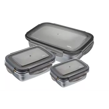 GEFU Preppo Set de botes de especias, 3 piezas, acero inoxidable y vidrio, 100 ml cada uno, hermético, apilable, plata/transparente