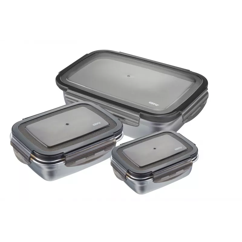 GEFU Preppo Set de botes de especias, 3 piezas, acero inoxidable y vidrio, 100 ml cada uno, hermético, apilable, plata/transparente