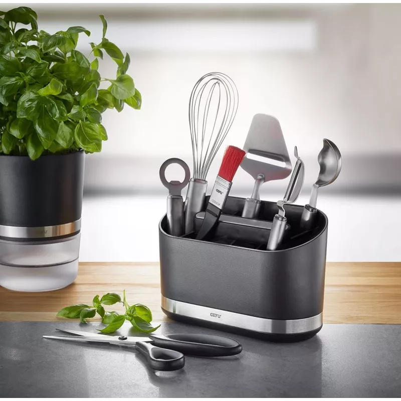 GEFU SMARTLINE Organizador de mesa soporte, acero inoxidable y negro, base antideslizante, apto para lavavajillas, 10 x 14 cm