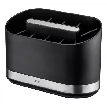 GEFU SMARTLINE Organizador de mesa soporte, acero inoxidable y negro, base antideslizante, apto para lavavajillas, 10 x 14 cm