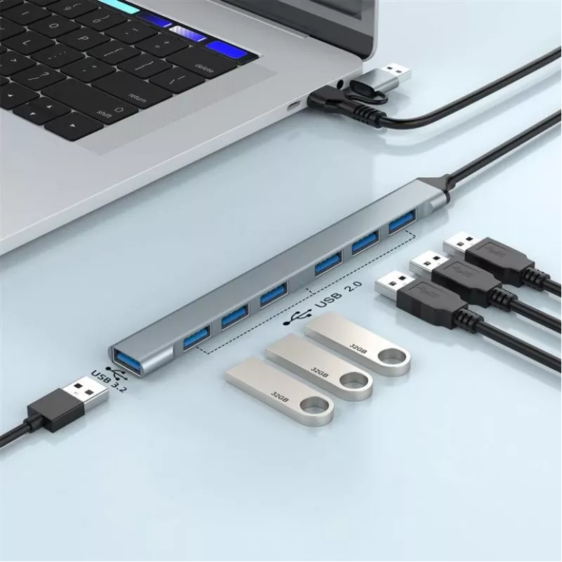 Gembird hub USB 3.2 Gen 2 de 7 puertos - 6x USB-A 2.0 + 1x USB-A 3.2, plateado