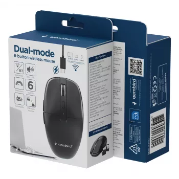 Gembird MUSW2-6B-01 Ratón inalámbrico de doble modo, 2,4 GHz + Bluetooth 5.0, 1600 DPI, 6 botones, Negro